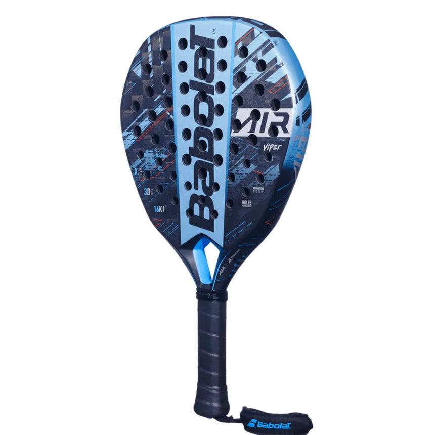 The Babolat Air Viper 2024 Padel Racket, black and blue with a prominent Babolat logo, features a typical hole pattern and textured surface for explosive power. A wrist strap on the handle adds security.