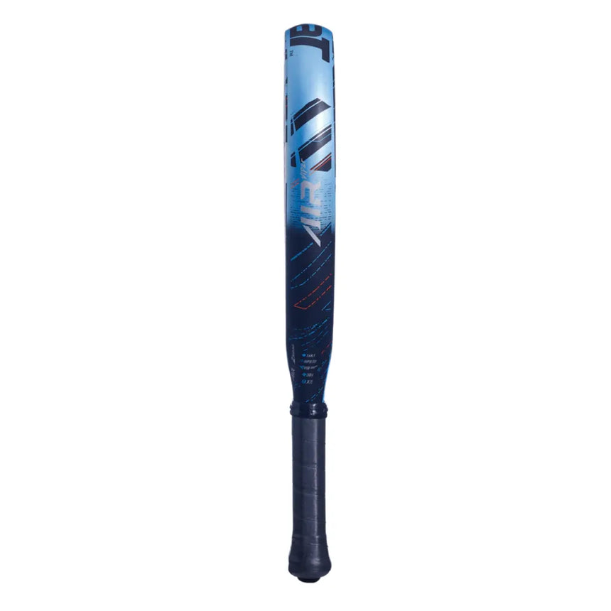 The Babolat Air Viper 2024 Padel Racket, in black and blue with a glossy finish, features a dark-wrapped handle and showcases graphic designs emphasizing explosive power. It is positioned vertically against a white background.