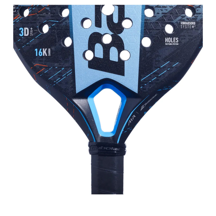 Close-up of the Babolat Air Viper 2024 Padel Racket - Black & Blue, highlighting explosive power with a black textured surface, blue accents, circular holes, and text 16K and Vibrasorb System. The handle sports black grip tape. (Like New).