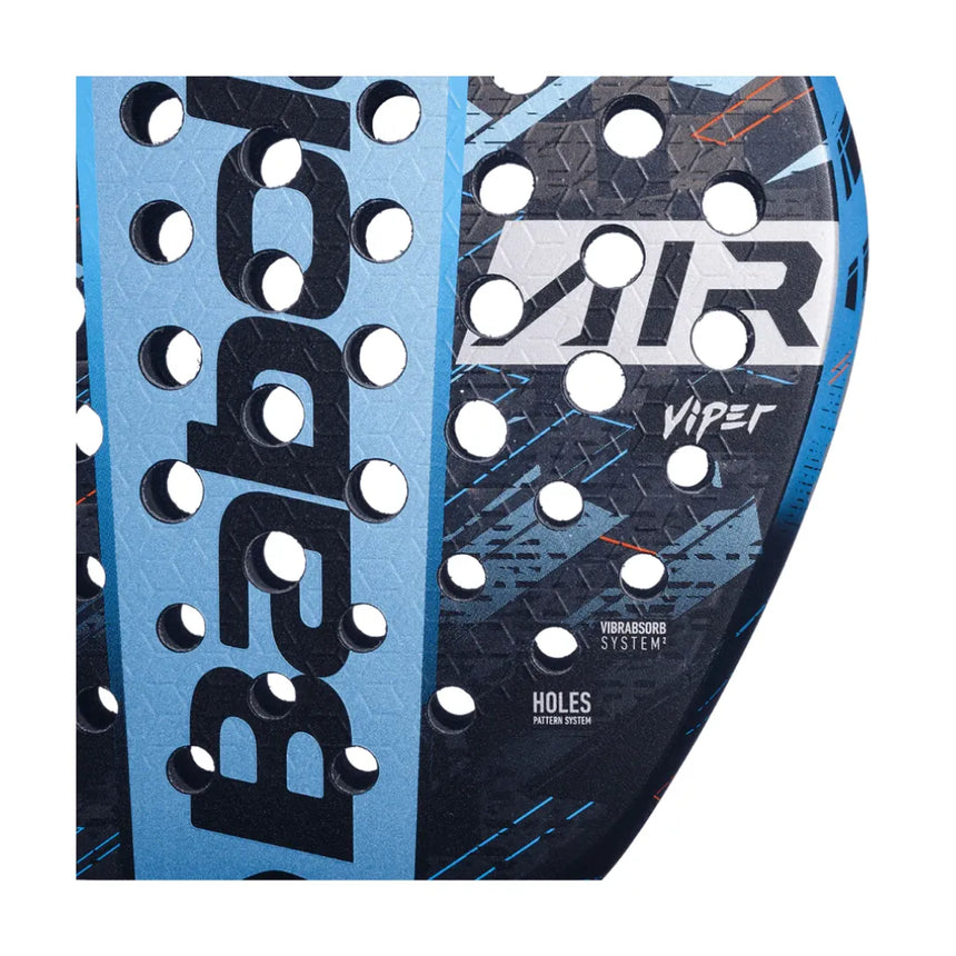 Close-up of a Babolat Air Viper 2024 padel racket in black and blue, highlighting its perforated surface designed for explosive power. The brand Babolat and model details like Viper emphasize the innovative hole pattern crafted for performance on the court.