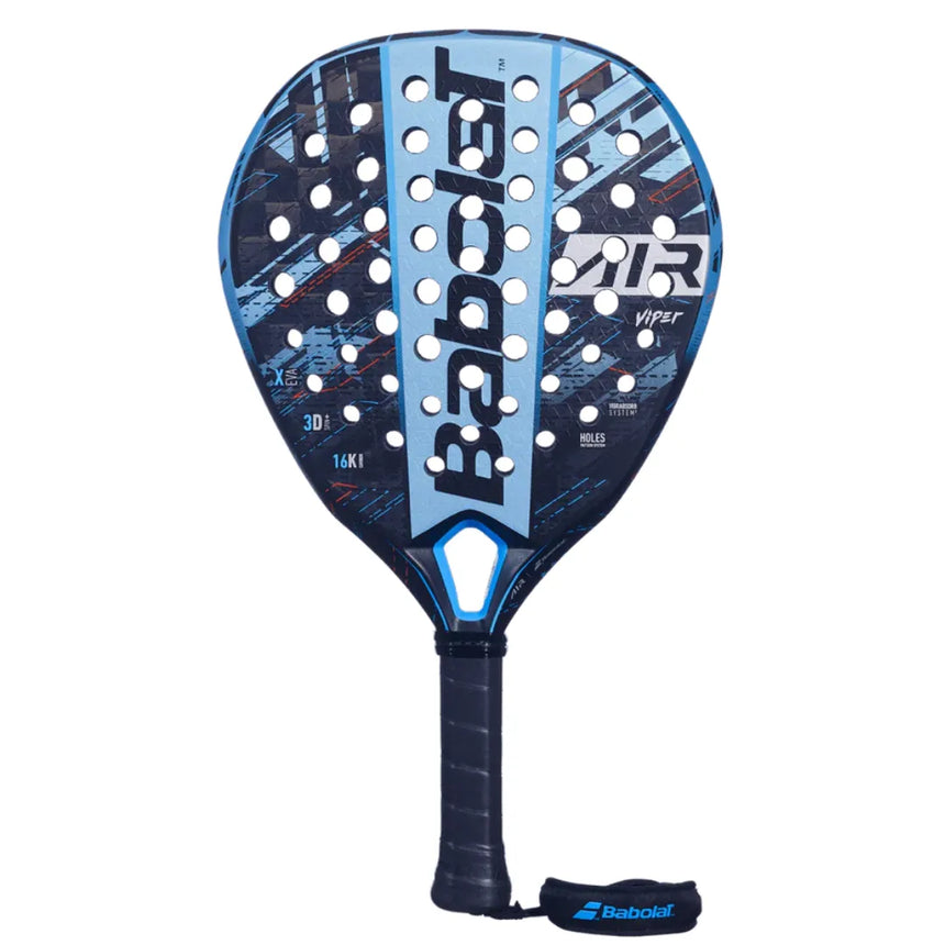 The Babolat Air Viper 2024 Padel Racket in black and blue features explosive power, a perforated surface with abstract patterns, iconic branding, and an integrated 3D, Viper, and Air design. The black grip includes a blue logo tag.