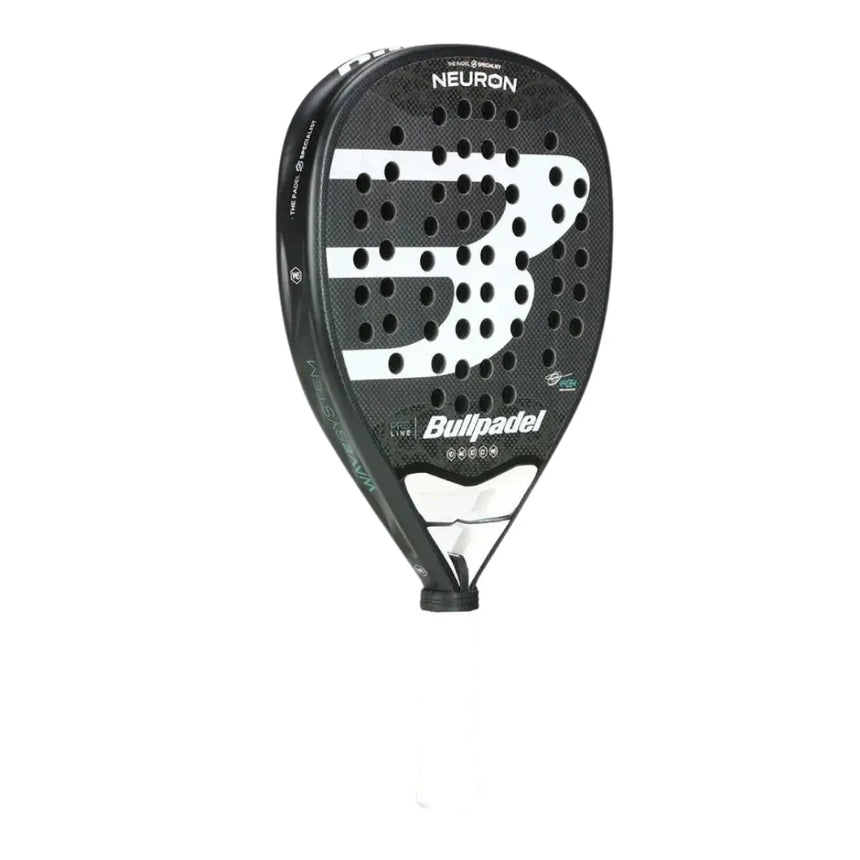 The BullPadel 2024 Fede Chingotto Neuron racket, in black and white, highlights the brand logo on its perforated surface. It boasts a sleek design and includes a Hesacore grip handle for enhanced comfort and control.