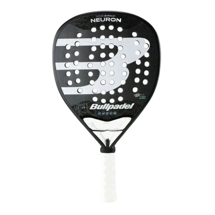 The BullPadel Padel Racket Neuron 2024 Fede Chingotto features a black design with a white hesacore grip, prominently displays a large B logo, and has aerodynamic holes. Equipped with the Vibradrive system, it ensures superior comfort.