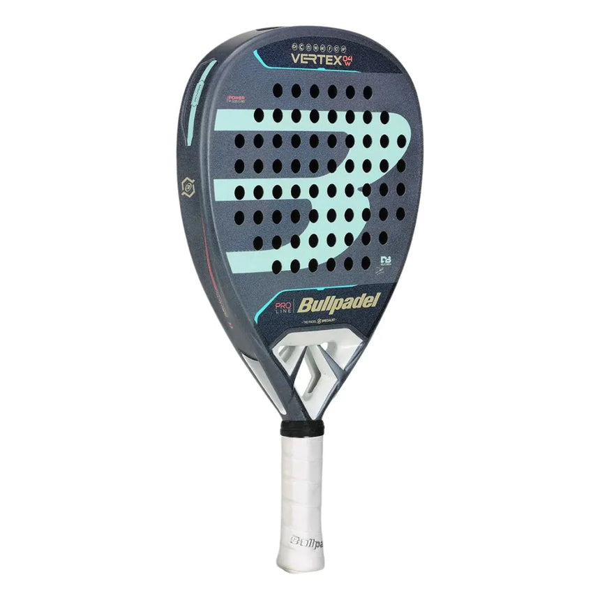The BullPadel Padel Racket Vertex 04 Woman 2024 Delfi Brea, designed for advanced players, features a chic black and blue design with a diamond shape, textured surface, multiple holes, and white grip tape handle. Ideal for competitive play.