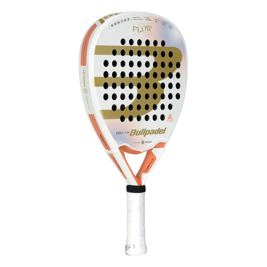 The Bullpadel Racket Flow W 2024 Alejandra Salazar features a white and orange design with a large gold B logo and the brand name BullPadel. It includes a perforated face made from Fibrix hybrid fiber and is complemented by a white grip handle for improved gameplay.