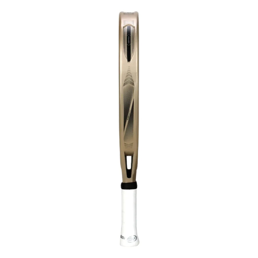 The BULLPADEL VERTEX 04 WOMAN 2025 DELFI BREA tennis racket features a thin profile ideal for expert players. Its frame is beige with texture, and it has a white grip tape handle. Strings and face are not visible, suggesting advanced BullPadel-Lab technologies.