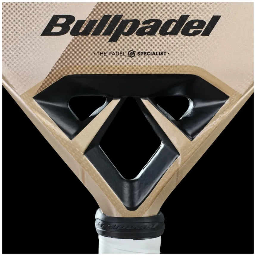 Close-up of the BullPadel Vertex 04 Woman 2025 Delfi Brea padel racket, featuring Bullpadel-Lab tech. It has a geometric design with black cutouts at the throat and is made for expert players. The racket sports a white grip tape handle, with Bullpadel printed prominently at the top.