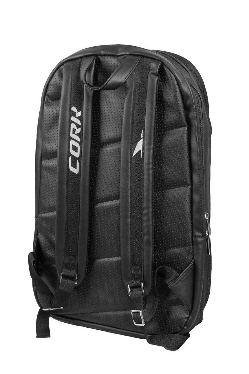 The Cork Padel Backpack by Cork Padel is sleek and black with padded shoulder straps, one strap featuring CORK in white. It has a lightweight quilted design, silver side zippers, and includes a thermal pocket for convenience.