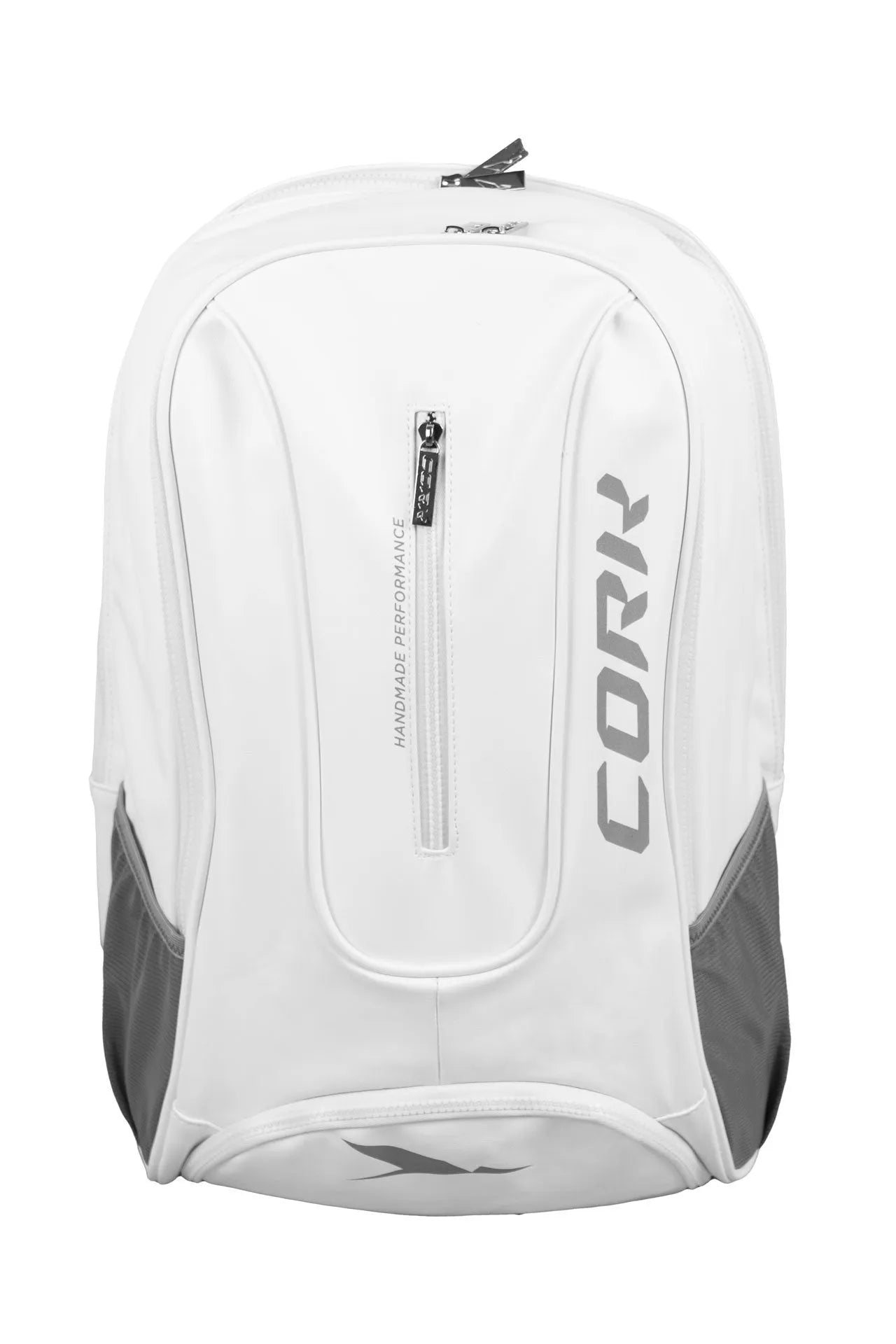 The Cork Padel Backpack by Cork Padel is a sleek, white backpack featuring CORK in silver. It includes a front zipper pocket, gray mesh side pockets, and a top handle. With its modern minimalist design and thermal pocket, its lightweight and ideal for athletic or everyday use.