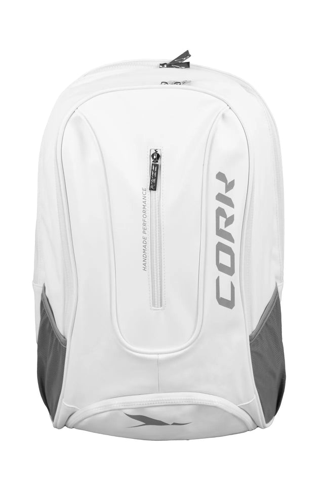 The Cork Padel Backpack by Cork Padel is a sleek, white backpack featuring CORK in silver. It includes a front zipper pocket, gray mesh side pockets, and a top handle. With its modern minimalist design and thermal pocket, its lightweight and ideal for athletic or everyday use.