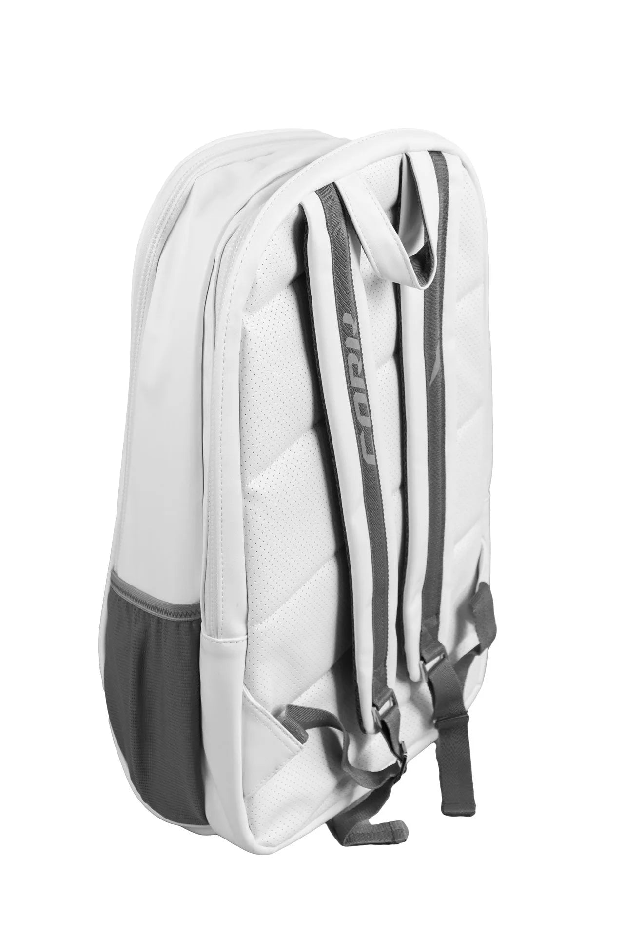 The Cork Padel Backpack by Cork Padel, shown from a rear angle, is white and gray with padded shoulder straps and a mesh side pocket. This lightweight bag features a sleek design, subtle fabric texture, and includes a convenient thermal pocket.