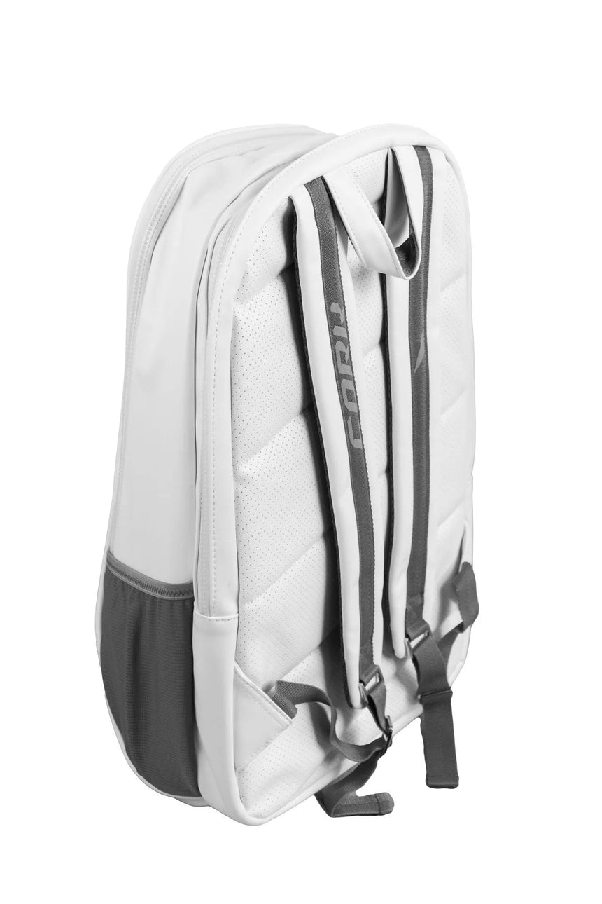 The Cork Padel Backpack by Cork Padel, shown from a rear angle, is white and gray with padded shoulder straps and a mesh side pocket. This lightweight bag features a sleek design, subtle fabric texture, and includes a convenient thermal pocket.