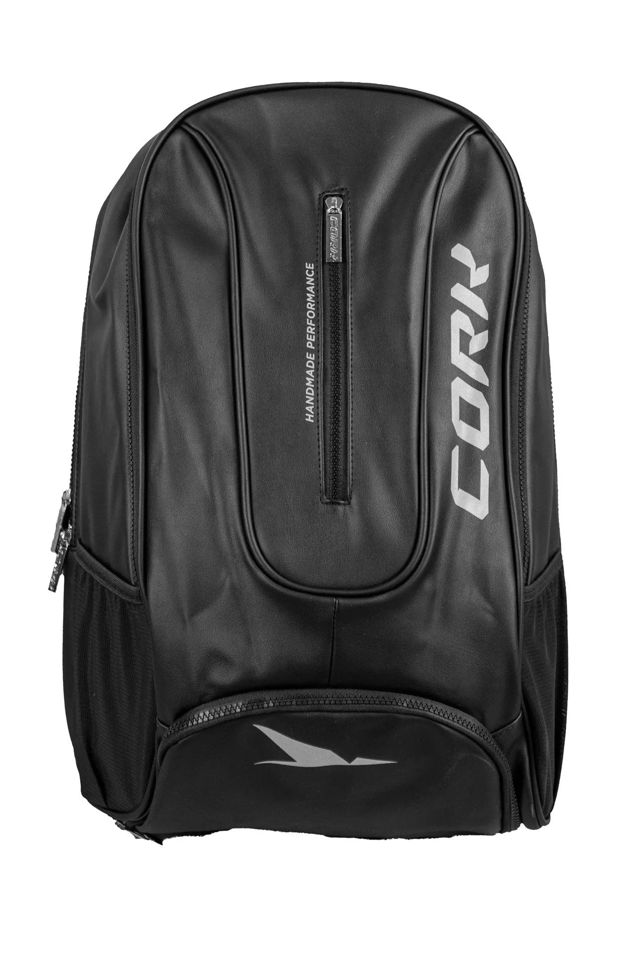 The Cork Padel Backpack by Cork Padel is black and features CORK in large white letters. It has a central zip pocket labeled HANDMADE PERFORMANCE, side mesh pockets, a thermal pocket, and a subtle logo at the bottom.