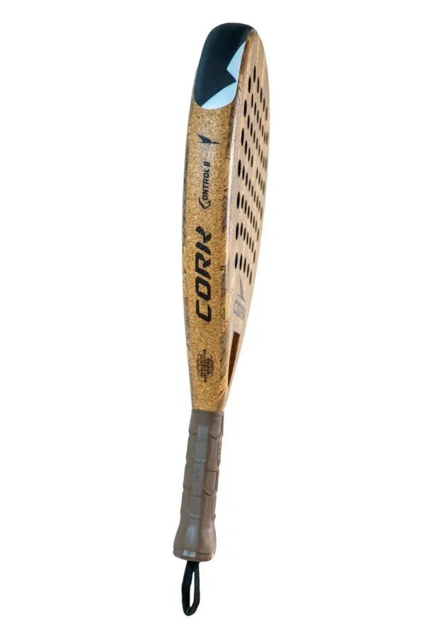 The Cork Padel Premium Control II, designed with a curved shape, perforated design, and brown handle labeled CORK, embodies traditional jai alai elegance. Perfect for advanced players seeking precision, it sets the standard as a premium control racket.