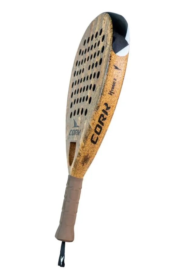 The Cork Padel Premium Hybrid III racket features a cork-textured paddle and Multi-Diameter Hole Pattern for better performance. It has a comfortable wrapped handle, a sleek design with the Cork Padel brand name, and an eye-catching black-and-white triangle near the top edge.