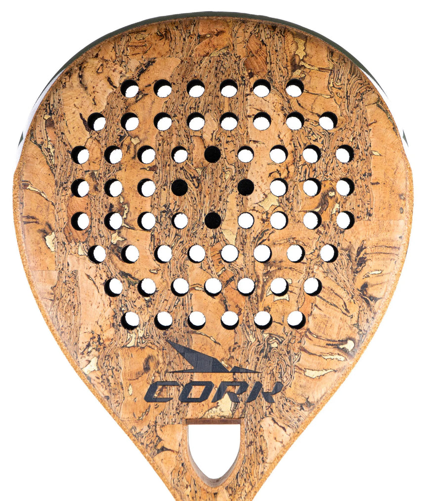 The Cork Padel Supreme Control III, designed for advanced players, features a cork teardrop shape with patterned circular holes. The handle is prominently at the bottom, and a stylized logo adorns the center, making it perfect for defensive play.