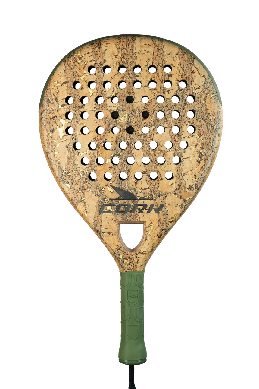 The Cork Padel Supreme Control III is ideal for defensive advanced players, featuring a cork surface with circular perforations and a distinctive green handle.
