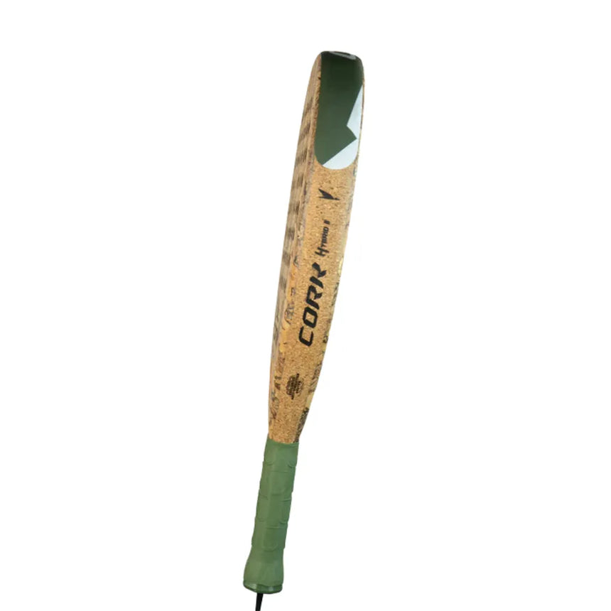 The Cork Padel Supreme Hybrid III Racket features a cork-style textured frame and a vibrant green handle. Cork is printed on its modern, lightweight design, which stands out against a white background.