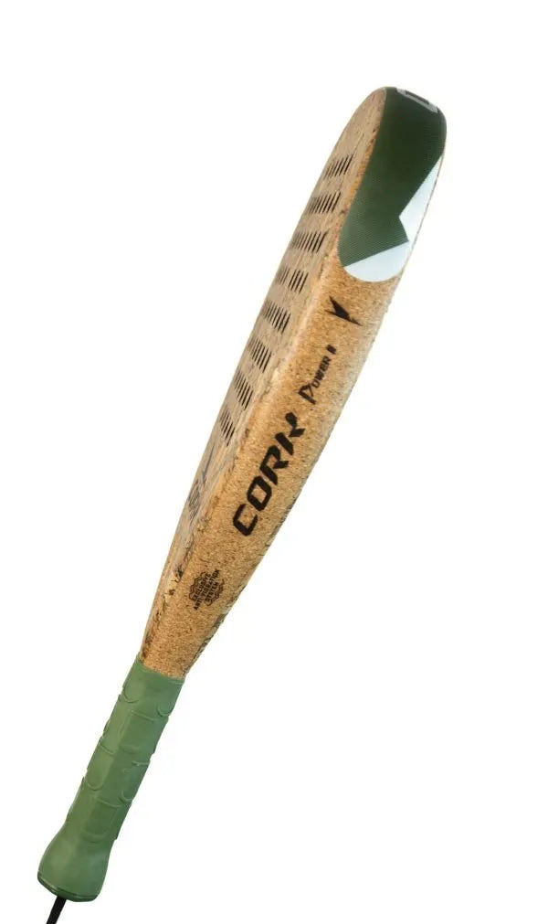 Introducing the Cork Padel Supreme Power III pickleball paddle featuring a cork surface and green handle, ideal for offensive players. Its high carbon composition ensures durability, while the Cork Padel brand name and logo highlight its unique construction from an angled view.