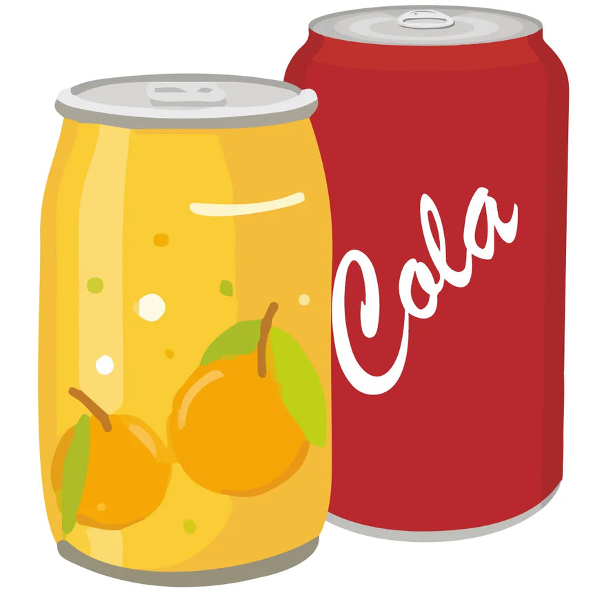 Illustration of two beverage cans: The front can is yellow-orange featuring citrus fruit and leaf designs, while the rear can is red with Cola in white. Both are by Padel Smash under the Drinks product line.