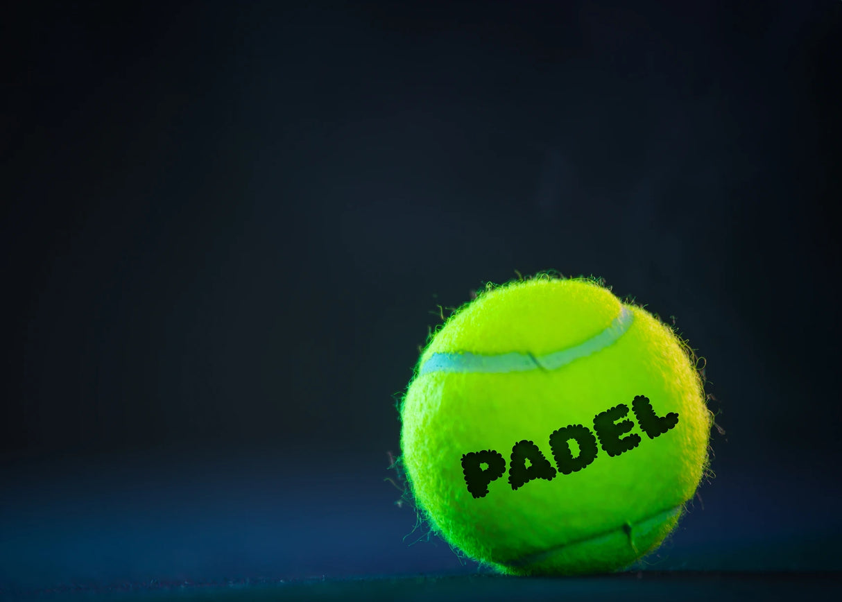 A vivid yellow Full Cycle Marketing ball from Padel Smash Academy with PADEL written on it is set against a deep blue background. The partially shaded ball symbolizes the energetic nature of the Padel industry, creating a captivating contrast.