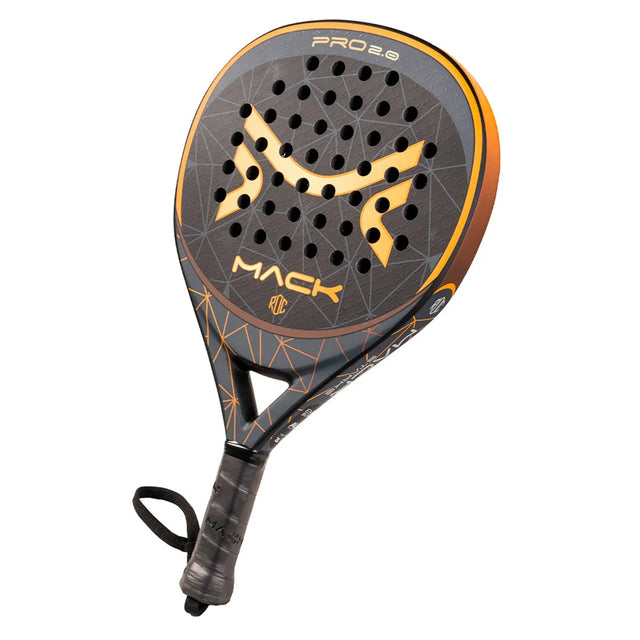 The Mack Starke Mack Pro 2.0 2024 Black is a teardrop-shaped padel racket in black and orange with a geometric pattern and multiple holes. It features a handle with a wrist strap for secure play and MACK prominently displayed, highlighting the advanced EVA Black Soft PRO 2.0 design at the top.