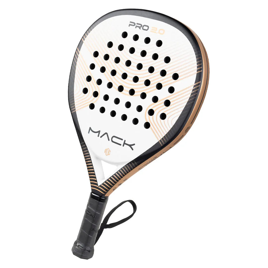 The Mack Starke Mack Pro 2.0 2024 White teardrop-shaped racket features a black-and-white design with core circular holes, an aluminized Textreme finish boldly displaying MACK and PRO 3.0, and includes a black grip handle with a secure wrist strap for precision play.
