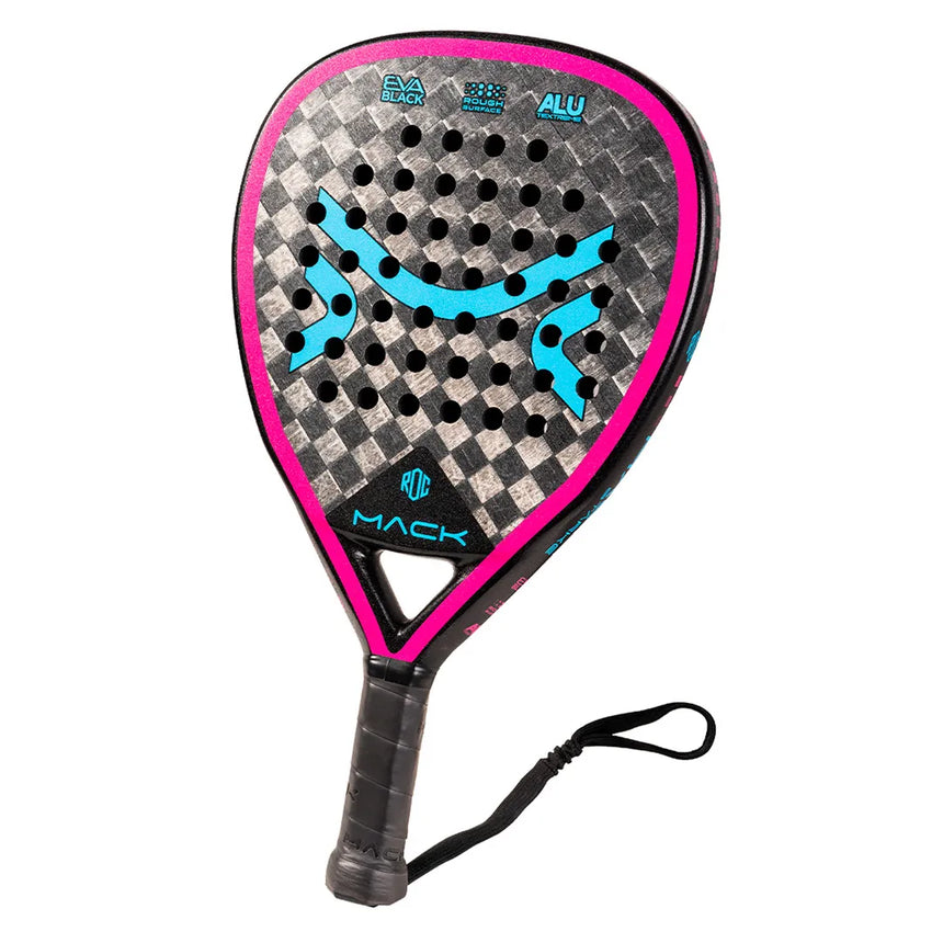 The Mack Starke I-Pro Titanium 2024 padel racket features a diamond shape with a black and gray grid, accented by bright blue curves and a pink border. It has a black grip with wrist strap, displays MACK, EVA BLACK, ALU logos, and is made with Black Soft EVA rubber for enhanced performance.