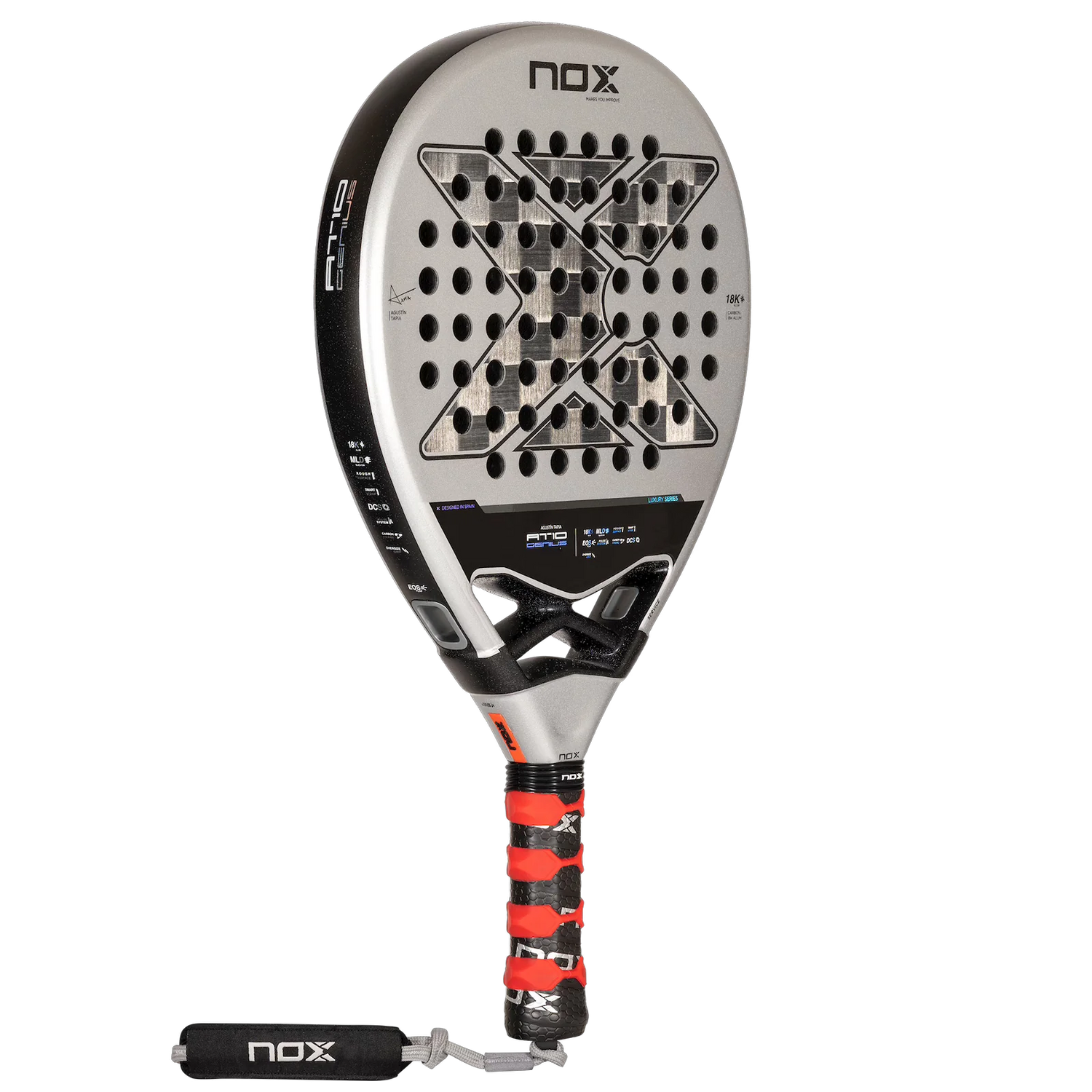 The NOX Padel Racket AT10 Genius 18K by 2024 Agustin Tapia features a sleek black and silver design, a bold X at the core, and a tricolor grip with wrist strap. Made from aluminized carbon fiber and incorporating EOS Flap technology, it proudly displays the NOX signature.