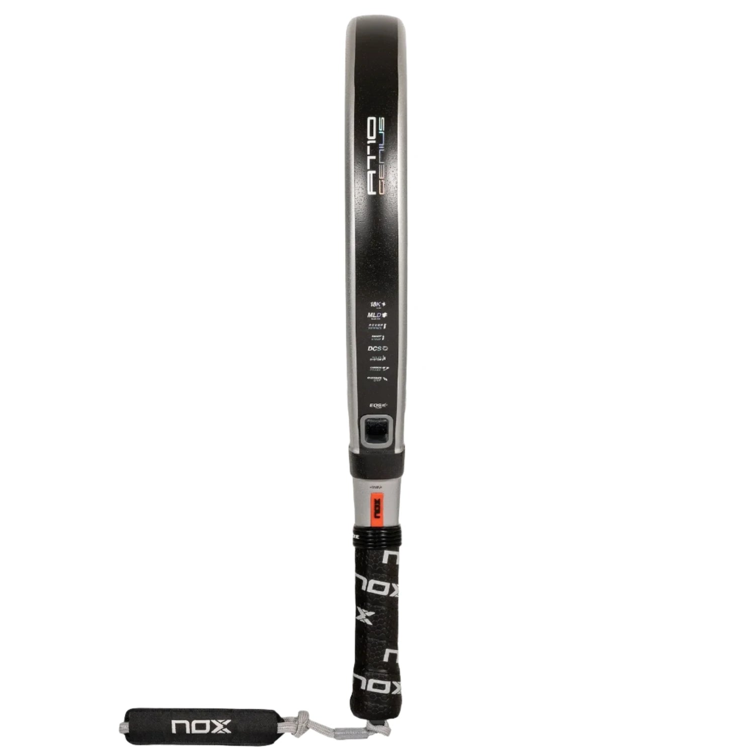 The NOX Padel Racket AT10 Genius 18K by 2024 Agustin Tapia features a side view of a black design with white branding, including NOX on the black grip. Made from aluminized carbon fiber, it integrates EOS Flap technology and a wrist strap at the handle base for secure play.