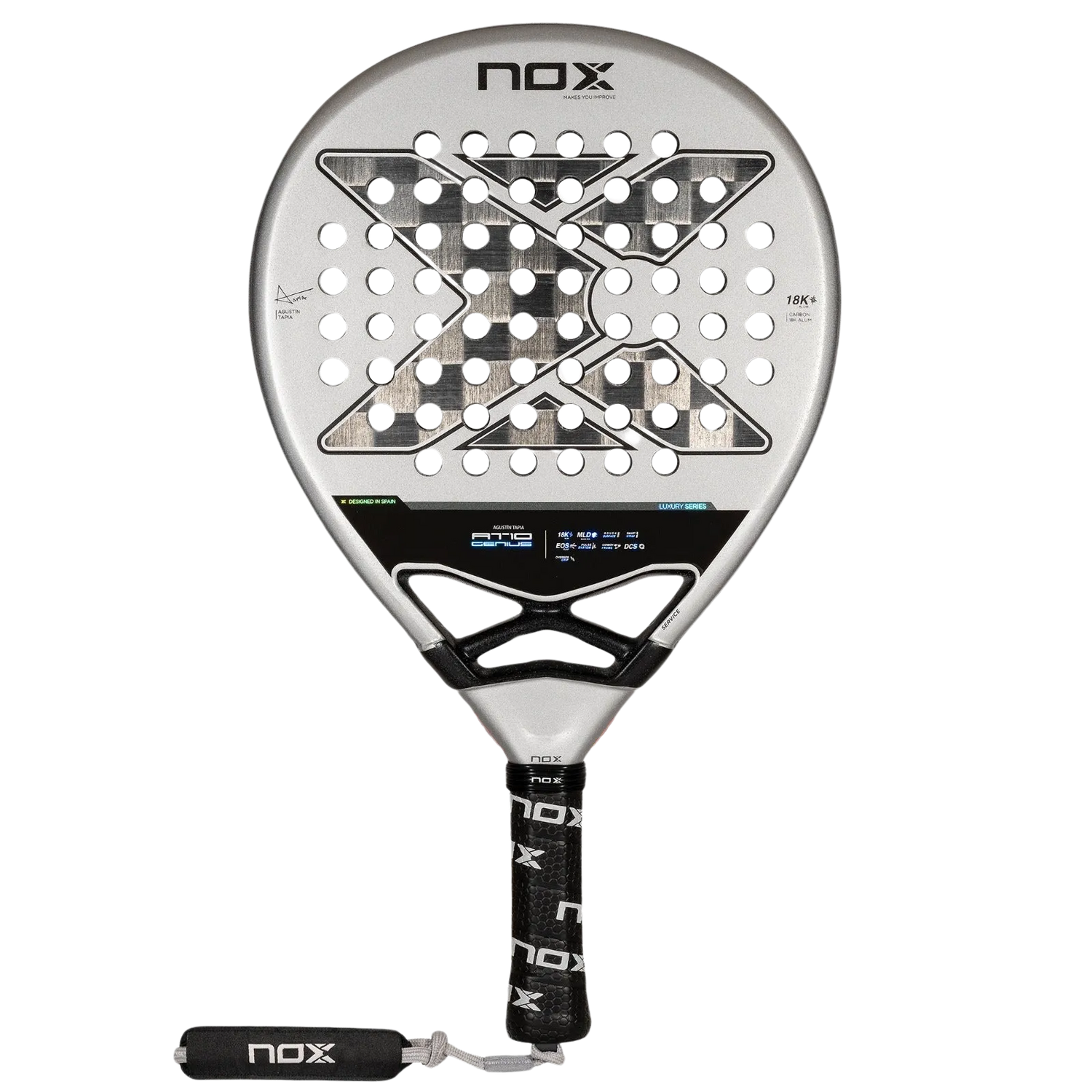 The NOX Padel Racket AT10 Genius 18K by 2024 Agustin Tapia features a circular head with a geometric hole pattern, crafted from aluminized carbon fiber for durability. Its gray and black design matches the handle, wrapped in a black grip with NOX branding.