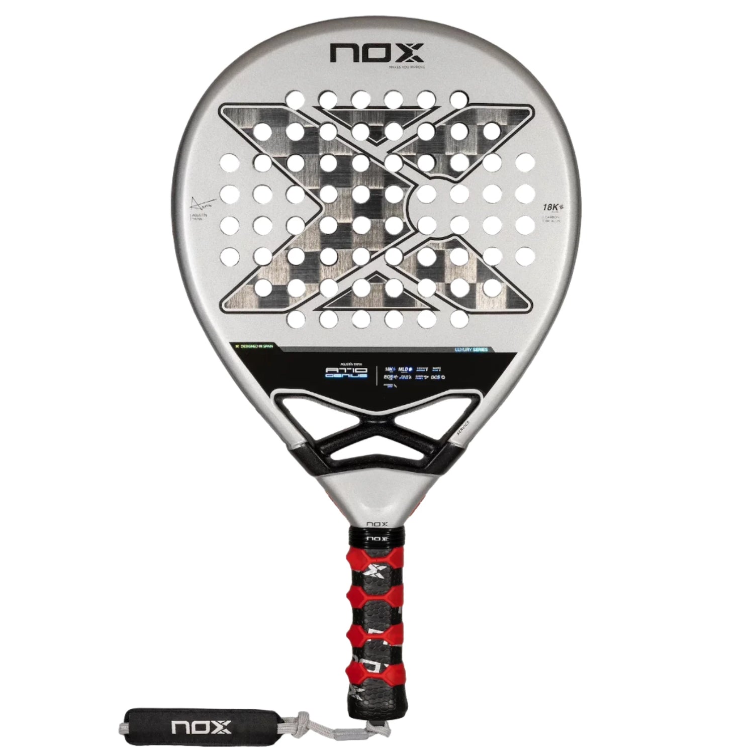 The NOX Padel Racket AT10 Genius 18K by 2024 Agustin Tapia, crafted from aluminized carbon fiber, features a silver design with a black grip and red accents. Its face has a geometric pattern with round holes and NOX displayed top and bottom, enhanced by innovative EOS Flap technology.