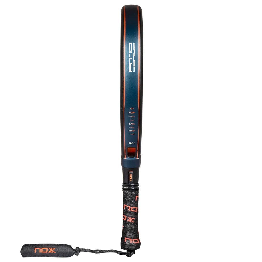 The Nox Padel Racket AT10 Genius Attack 18K Alum 2025 by Agustin Tapia features a diamond design with a dark blue frame, orange trim, and an 18K carbon surface. It has a black grip with lanyard and Enhanced Spin Technology for top performance. The NOX brand name appears on the grip and frame.