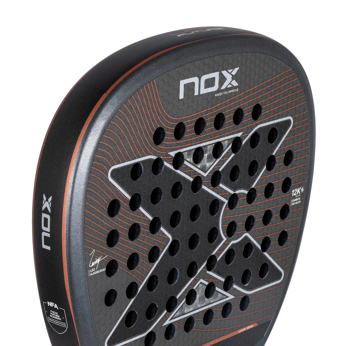 The NOX Padel Racket LA10 Future 2024 Leo Augsburger combines a bold black and orange X design with multiple small holes for unmatched power. Made of Aluminized 12K Carbon Fiber, it features the NOX brand name on the rim and surface, reflecting Leo Augsburgers dynamic style.