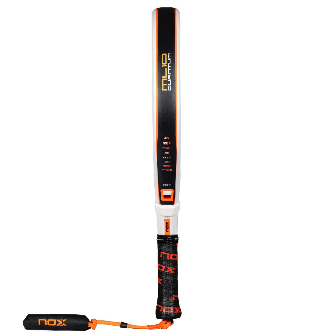 The Nox Padel Racket ML10 Quantum 3K 25 by Miguel Lamperti features a striking black and orange handle with the NOX brand on its grip and strap. Its shaft displays ML10 Pro Cup Edition in vibrant orange and yellow, enhanced by innovative photochromic paint technology.