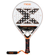 The Nox Padel Racket ML10 Quantum 3K 25 by Miguel Lamperti features a white and black Hybrid design with bold orange accents and an X design. Circular frame perforations, a wrist strap on the handle, NOX branding at both ends, and Photochromic Paint enhance its dynamic look.