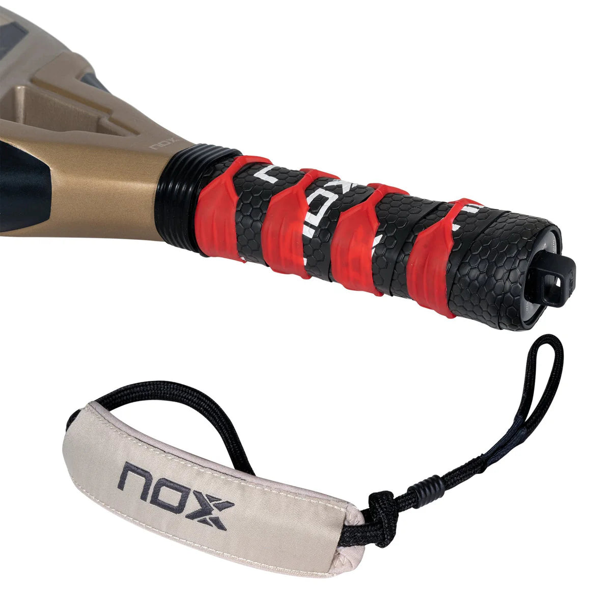 Close-up of the NOX Padel Racket TL10 Future 2024 Tino Libaaks handle, wrapped in black and red grip tape. A beige wrist strap with a black cord and nox in lowercase letters is attached, highlighting its teardrop shape.