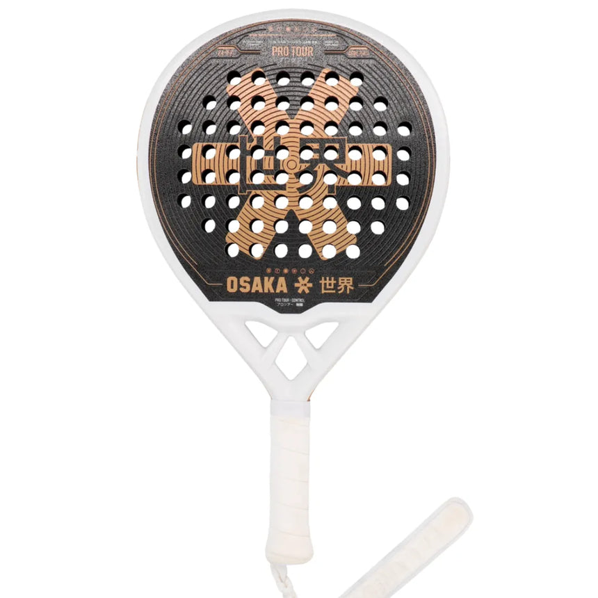 The Osaka Padel Racket Pro Tour Control 2024 (Like New) features a black and brown circular design with center perforations, enhanced by 18K Textreme Carbon for superior performance. It has a white handle with a matching wrist strap, and OSAKA plus other text on the face for a sleek finish.