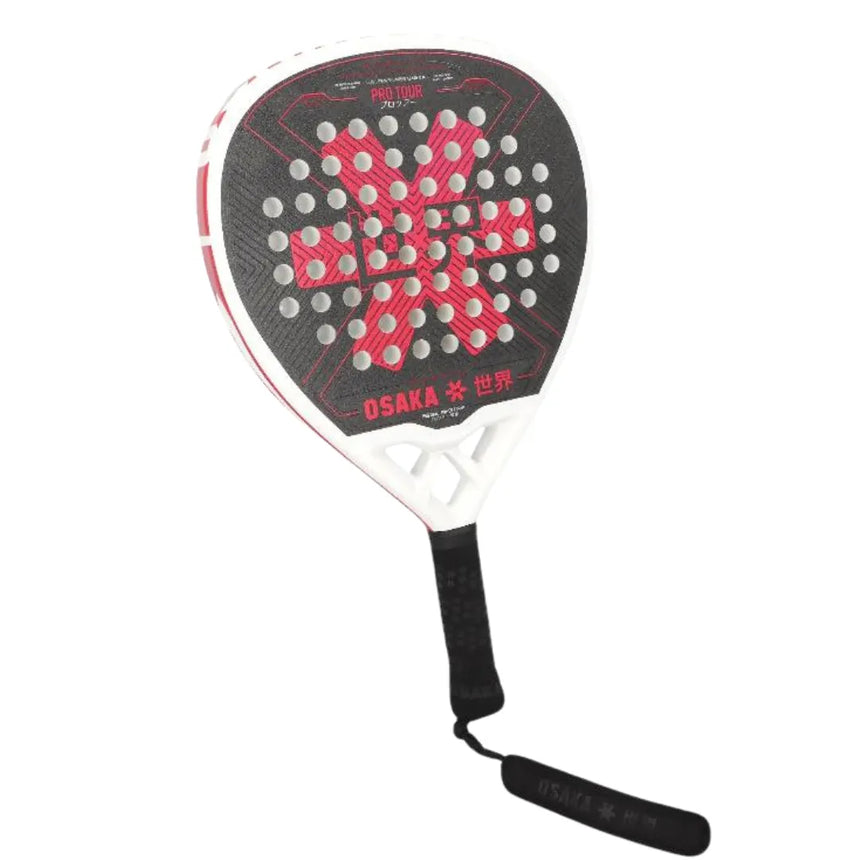 The Osaka Padel Racket Pro Tour Power 2024 features an 18K Textreme® Carbon black and white face with red geometric designs, precision-engineered holes, and a black grip handle with wrist strap for enhanced control using Pro Tour Power Snap technology.