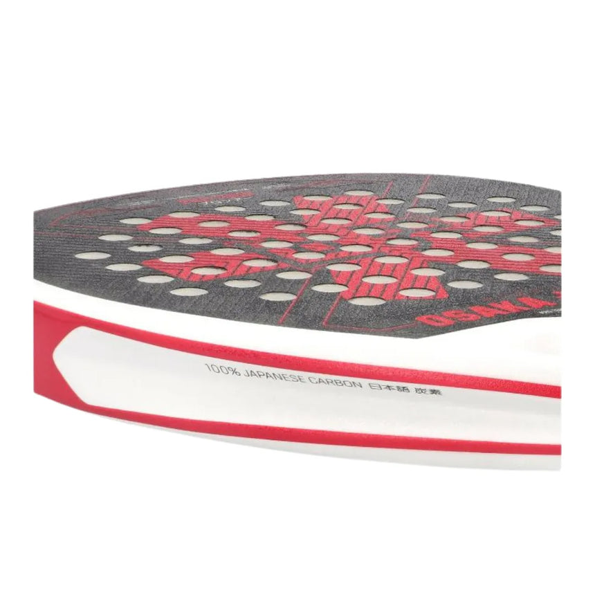 Close-up of an Osaka Padel Racket Pro Tour Power 2024 paddle, featuring a red and black pattern. 100% Japanese Carbon and similar to 18K Textreme® Carbon, is displayed in black and silver, with stylish red and white-edged finishing enhancing its sleek design.