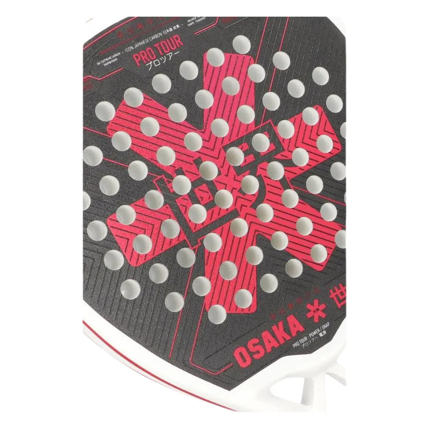 Close-up of the Osaka Padel Racket Pro Tour Power 2024, crafted with 18K Textreme® Carbon. It features a black surface accented by a bold red X and white perforated holes, highlighted with Pro Tour and “OSAKA” for elite performance.