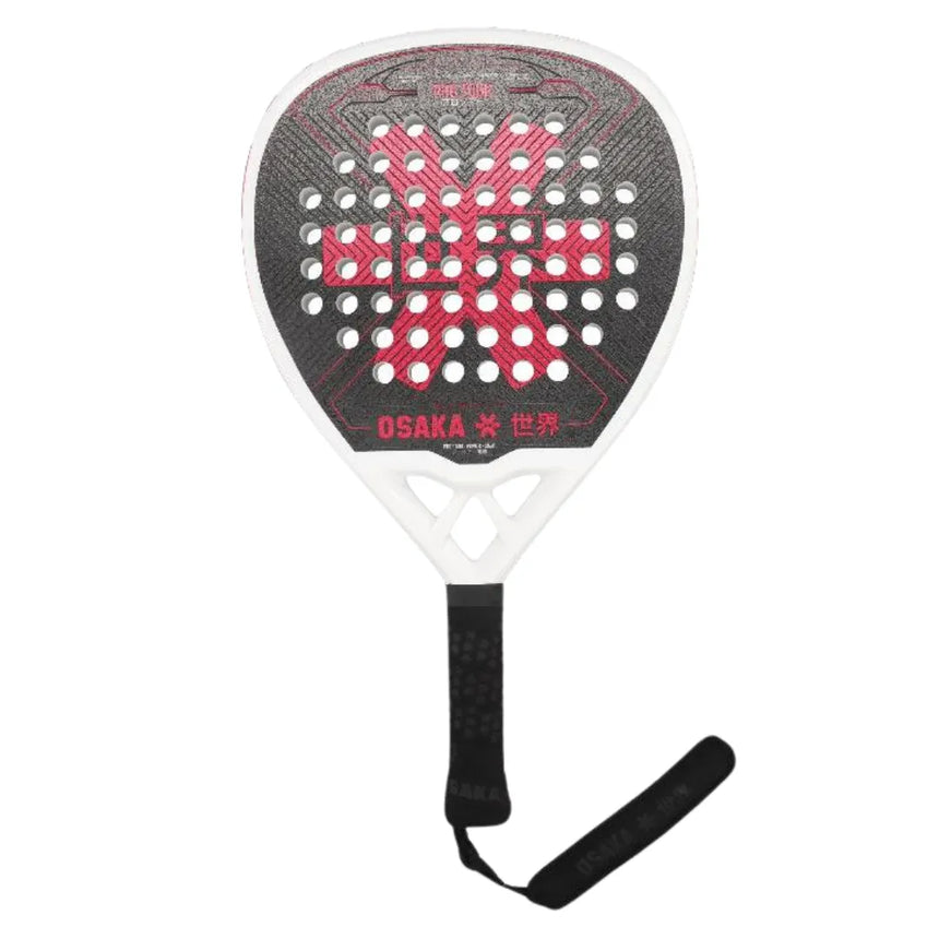 The Osaka Padel Racket Pro Tour Power 2024 features a black and red design with a round head. Its surface showcases red dots and geometric patterns made from 18K Textreme® Carbon, while the black grip includes a strap for secure play.