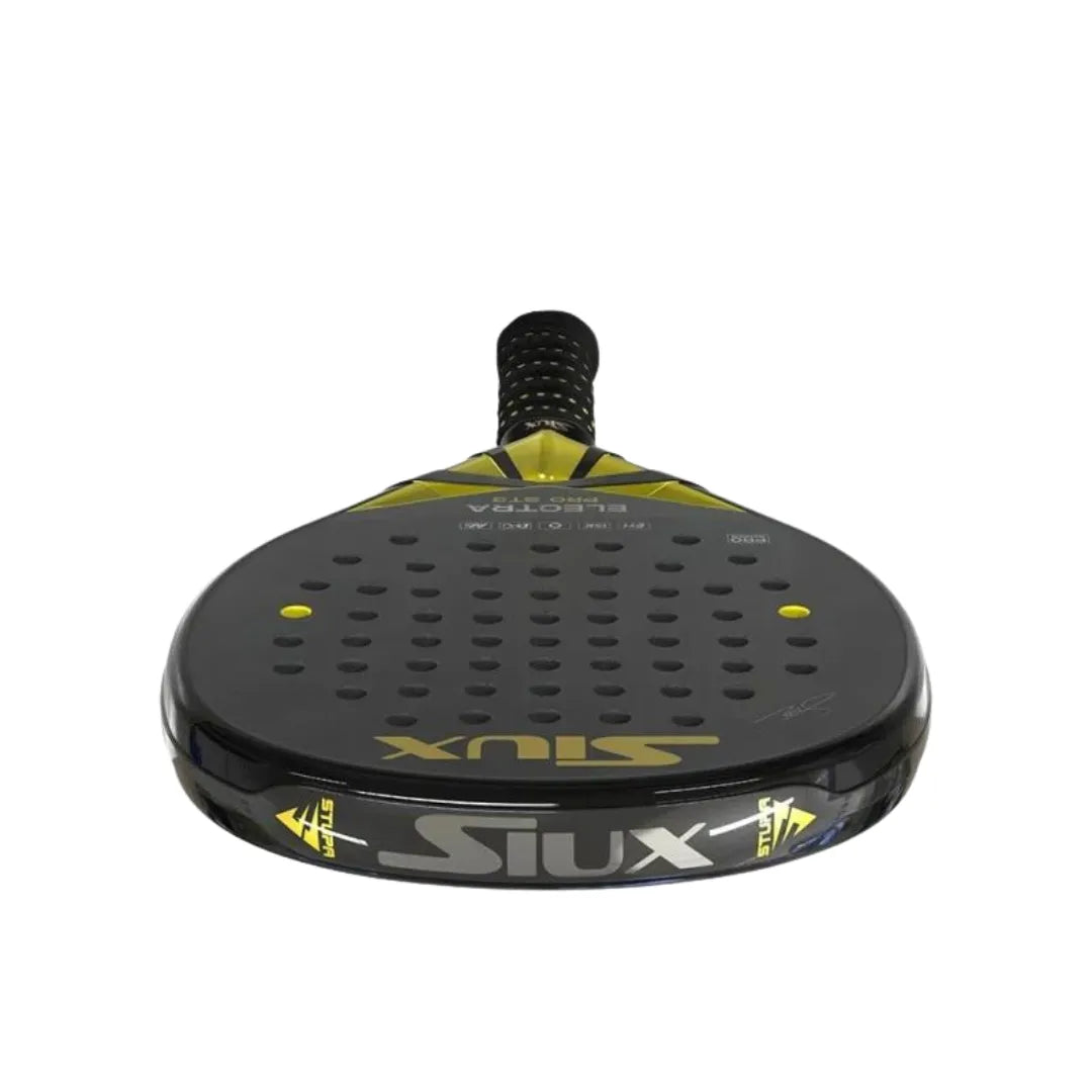 Front view of the sleek black Siux Padel Racket Electra Pro ST3 2024 Franco Stupa with striking yellow accents, endorsed by Franco Stupaczuk; features a grid of small holes, a textured black grip, and bold Siux branding in yellow and gray.