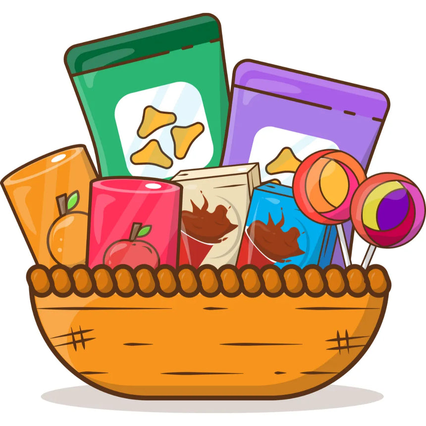 An illustration shows a basket full of colorful snack packages from Padel Smash, featuring chips, two chocolate bars, and two lollipops. It also contains two cans with fruit designs, one displaying an orange and the other an apple.