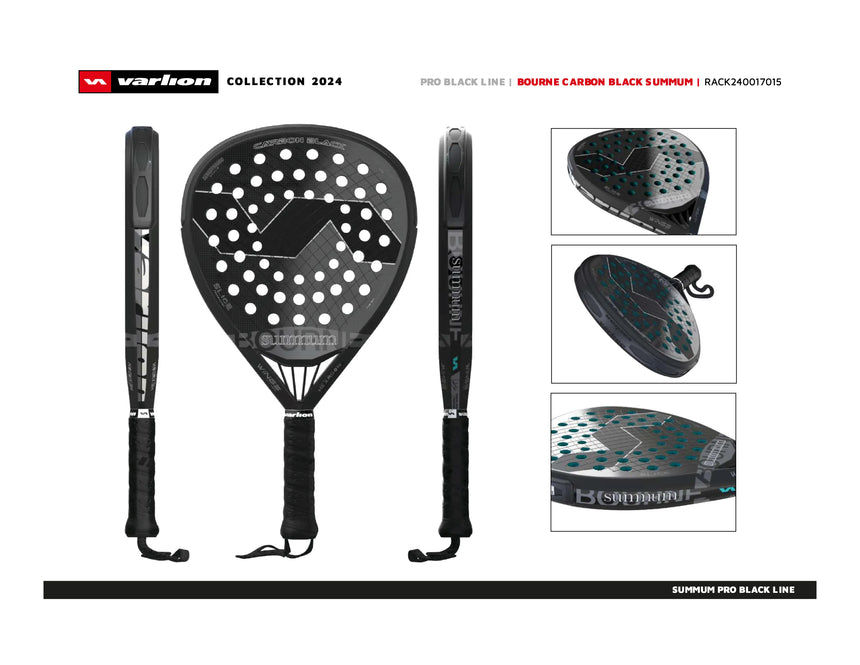 The 2024 VARLION BOURNE SUMMUM CARBON BLACK padel racket collection showcases innovative Aerodynamic Drilling technology and a bidirectional carbon tubular frame. Enjoy precise craftsmanship, unique logos, and stunning close-up views from every angle.