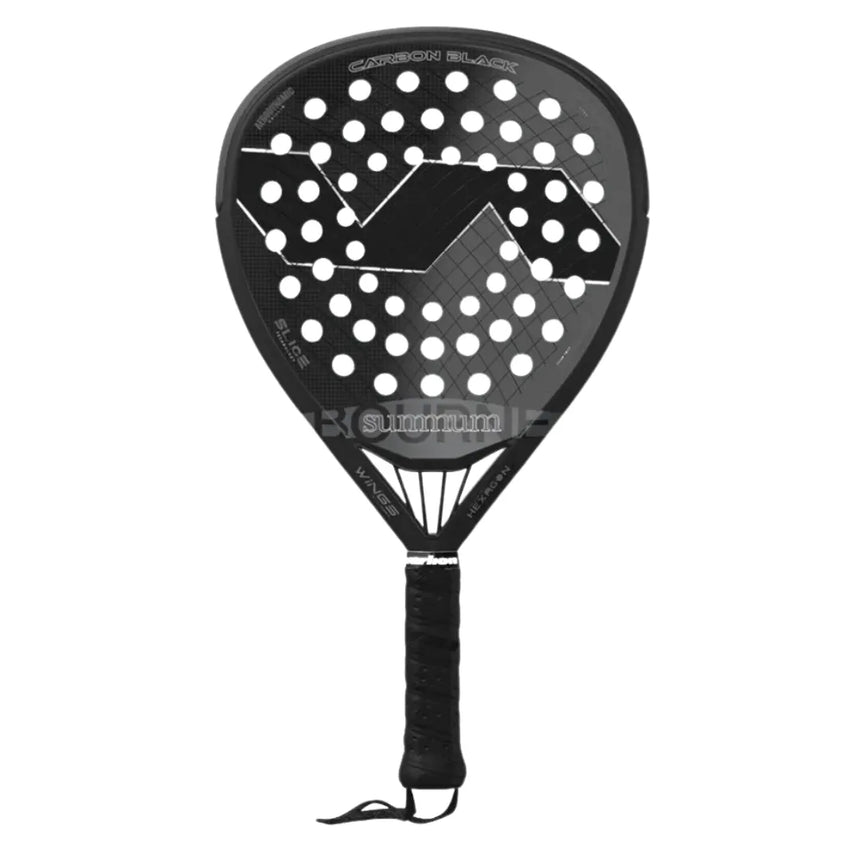 The VARLION BOURNE SUMMUM CARBON BLACK is a black padel racket with Aerodynamic Drilling technology for improved control. It features a geometric design, perforated surface, and a bidirectional carbon tubular frame. The grip has black tape and includes a wrist strap on the handle.
