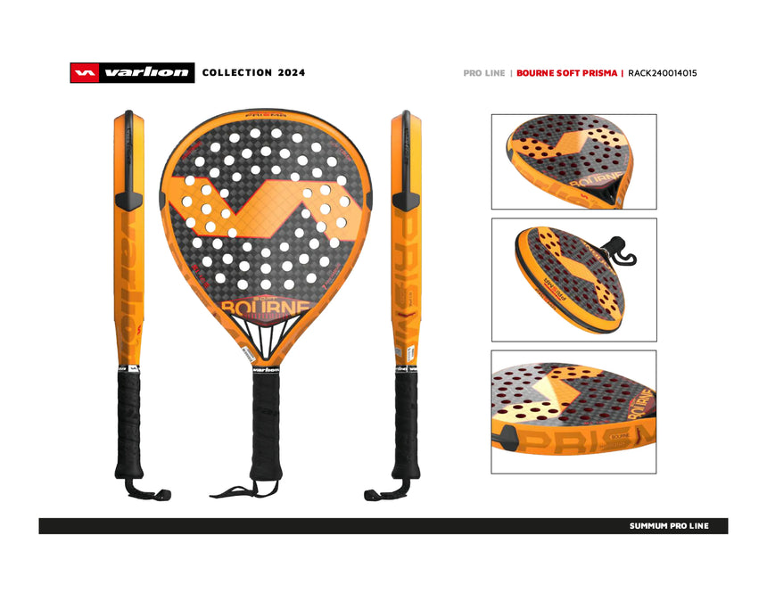 Introducing the 2024 Varlion Bourne Summum Prisma Soft, an advanced padel racket in striking orange and black. Featuring Aerodynamic Drilling technology on a geometric-patterned perforated surface, it elegantly showcases its shape and handle details.