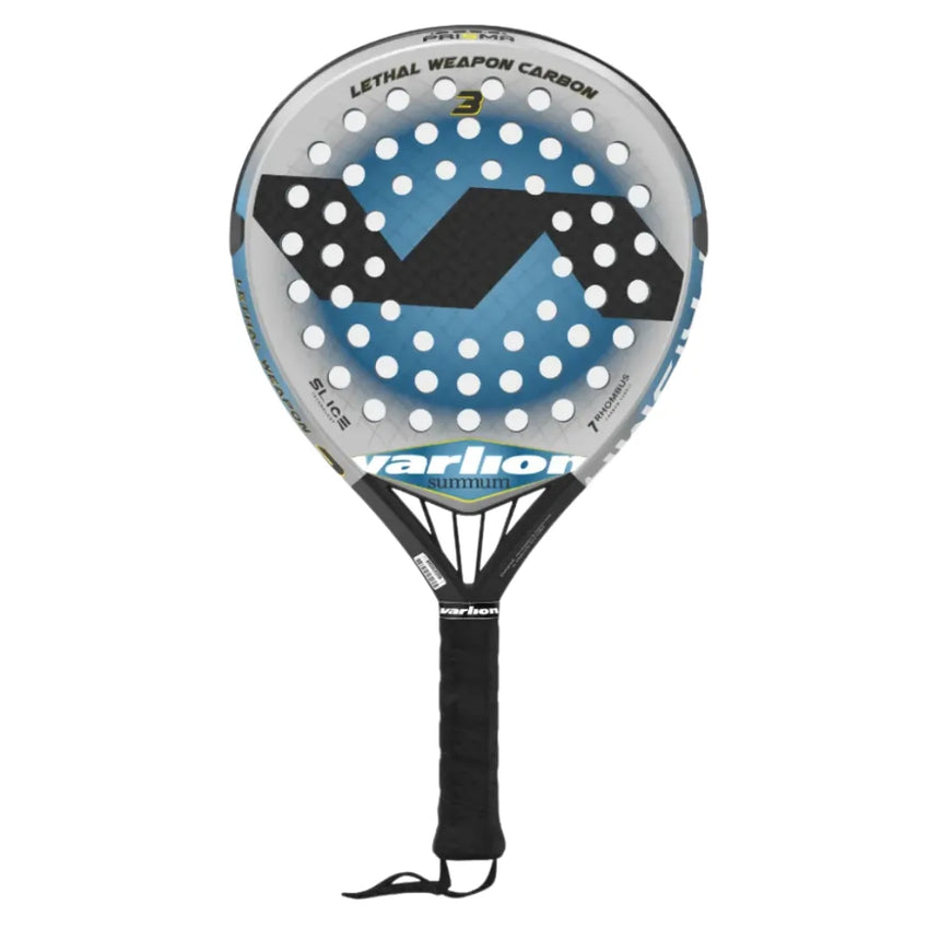 The VARLION LW PRISMA CARBON 3 padel racket showcases a triangular design in silver and black with blue accents. It features LETHAL WEAPON CARBON text, a bold 3 on top, and aerodynamic drilling for enhanced performance.