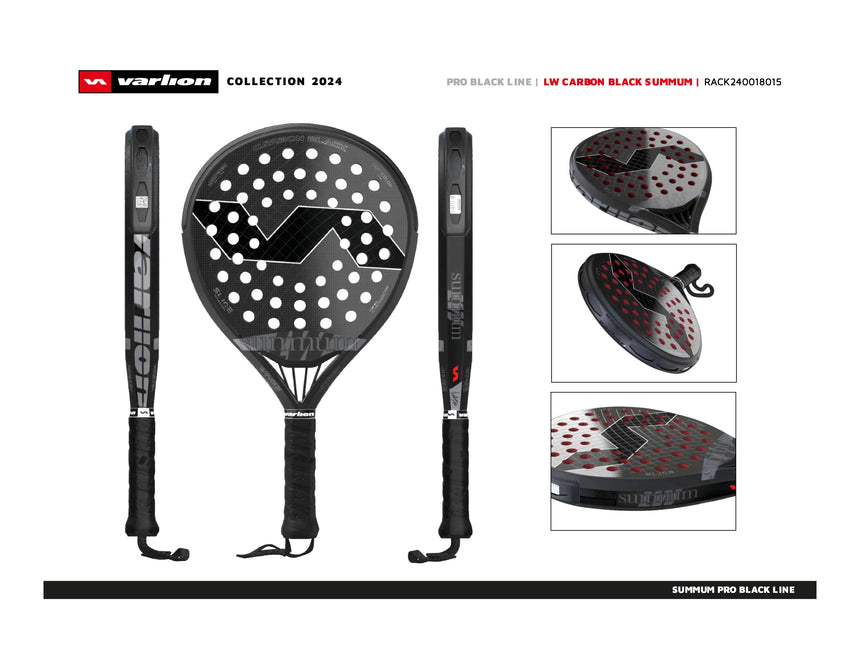 Introducing the Varlion LW Summum Carbon Black padel racket from the 2024 collection, ideal for intermediate players. This aerodynamic racket features red accents, with branding shown from various angles as LW Carbon Black Summum.