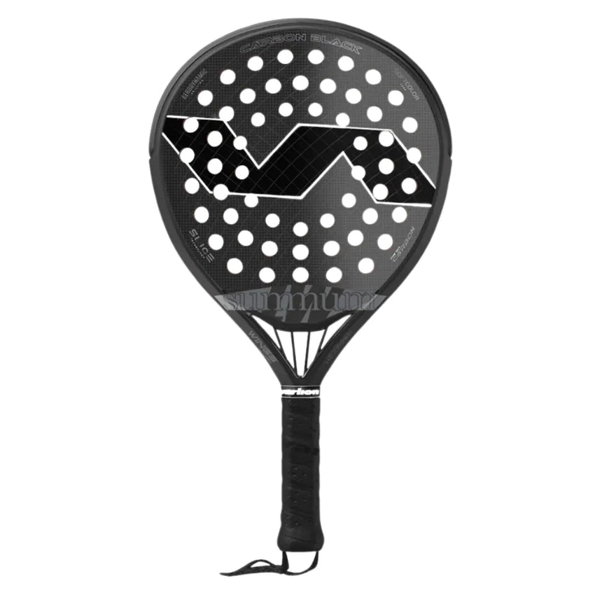 The VARLION LW SUMMUM CARBON BLACK is a sleek racket ideal for intermediate players, featuring a dotted pattern and geometric logo. It offers aerodynamic face drilling and comes with a secured wrist strap on the handle for confident play.